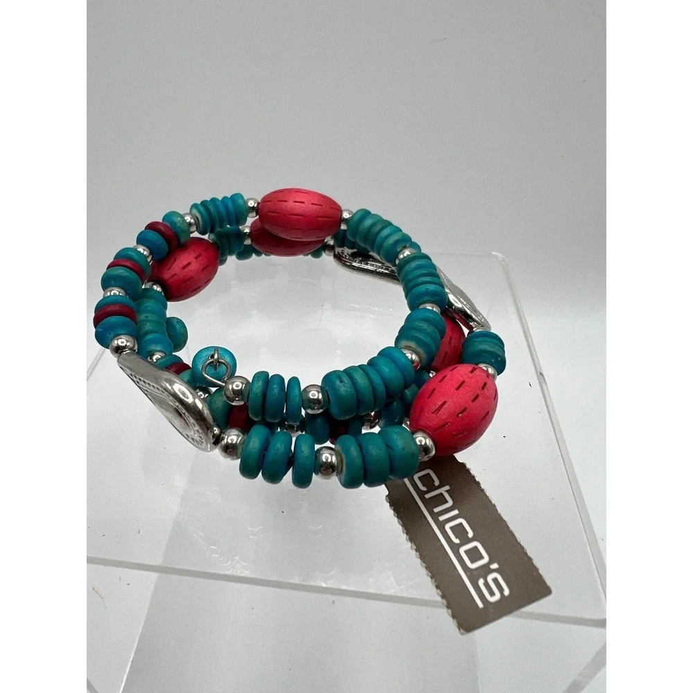 Chico's Wood Bead Wrap Bracelet Boho Coastal‎ Southwest Turquoise Red Wood OS